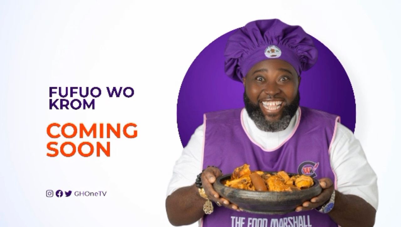 GHOne TV 'Fufuɔ Wo Krom' — Now Showing, featuring host in purple with fufu